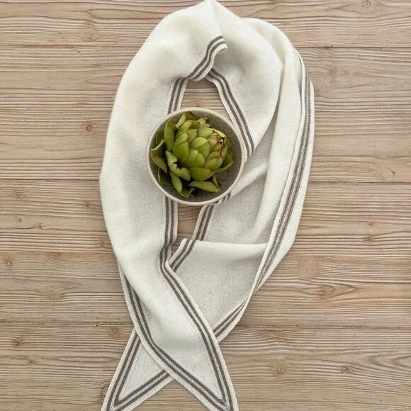 Cashmere Triangle Scarf – Soft Ivory w/ Taupe Stripe | Lightweight Coastal - Picture 2 of 5